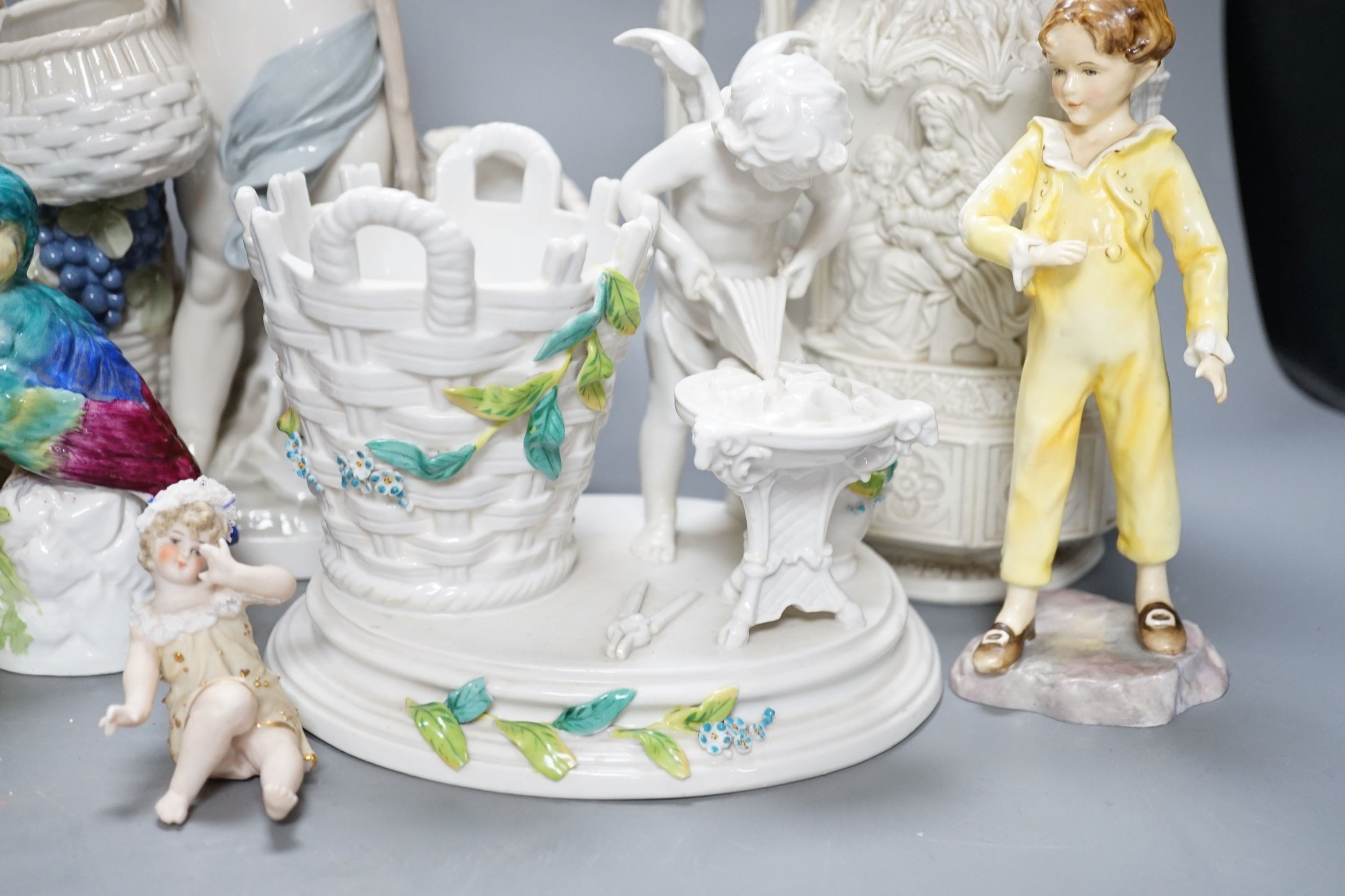 Ornamental china including uncommon three legged fairing, fairing 11 cms high, two continental porcelain groups, a Worcester figure the parakeet etc.